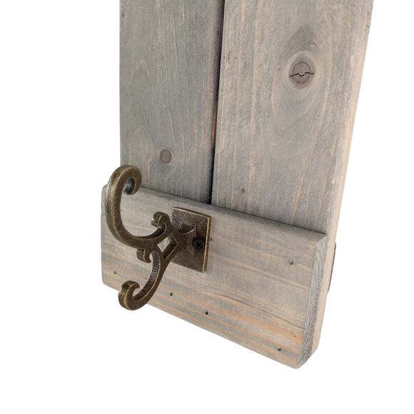 Rustic Wood Slat Wall Hook Hat Coat Rack 18x7" Gray Wash, Brass Double Scroll - Picture 2 of 7